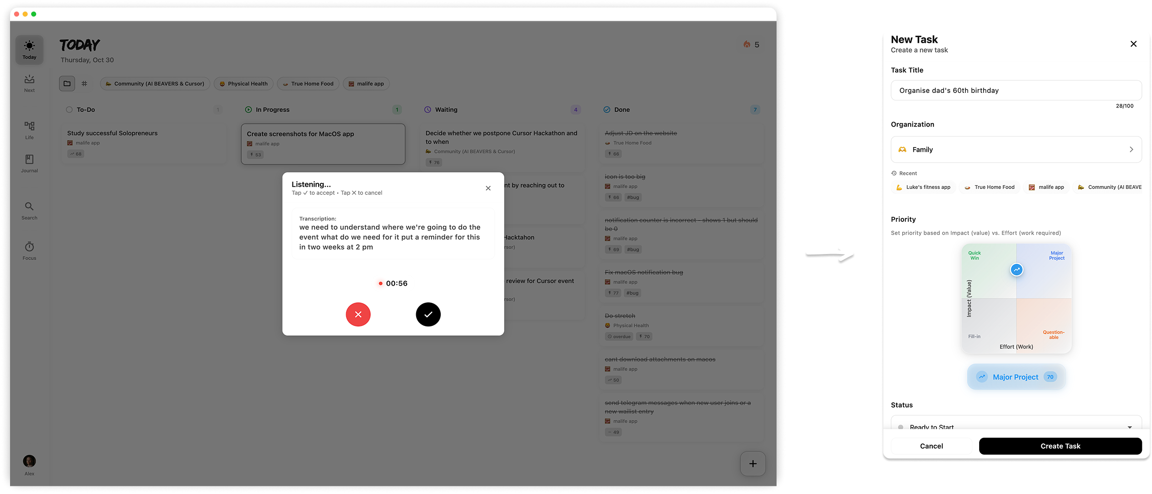 Voice task creation in malife